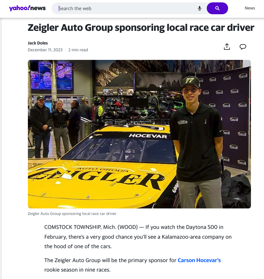 Michigan-native Carson Hocevar captures National Media attention during Zeigler sponsorship announcement